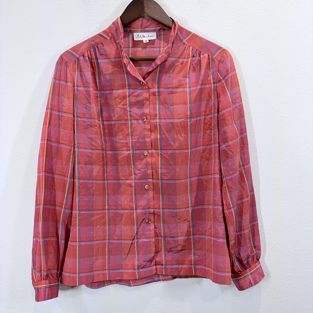 Vintage 70s Lady Manhattan Plaid Button Up Shirt Womens 12 Red Retro Blouse